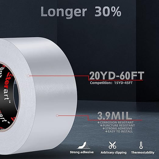Aluminum Foil Duct Tape Heavy Duty,High Temperature Sealing and Patching,Perfect for HVAC,Air Ducts,Metal Repair,Foamboard,Insulation,Dryer Vent and More,2 Inches x 20 Yards,Silver