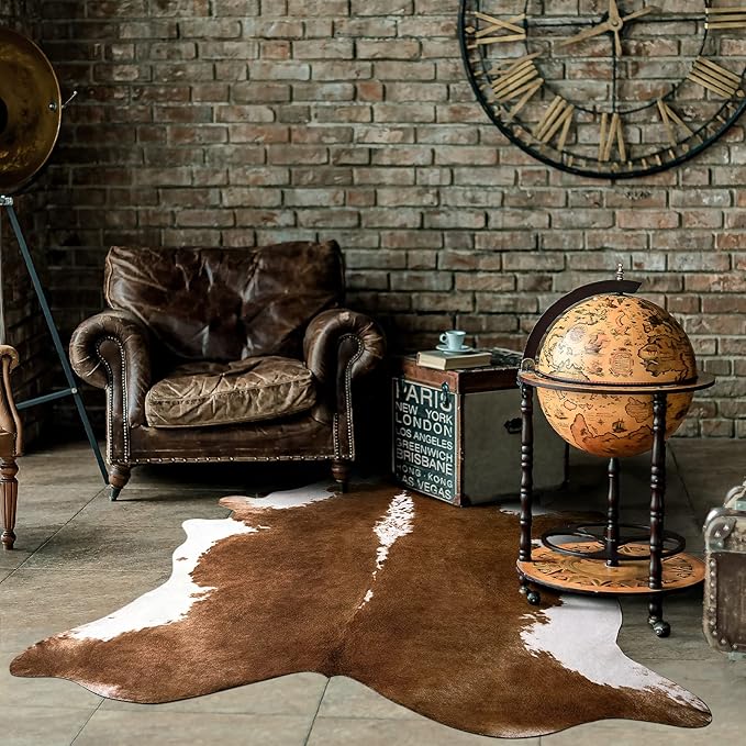 Amearea Faux Cow Hide Rug, Vintage Western Home Decor Cow Print Rugs for Living Room, Faux Leather Animal Cowhide Carpet for Bedroom, Dining Traditional Cow Print Stuff Carpets, Khaki 3.6x2.3 Feet