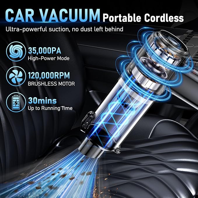 Car Vacuum Portable Cordless, 35000Pa High Power Brushless Motor Handheld Vacuum, 6-in-1 Rechargeable Mini Cleaner with Air Duster for Car, Home, Pet Hair, Keyboard,Graphite Grey