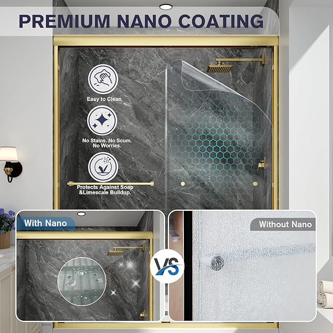 Double Sliding Shower Door, 49"-54" W x 70" H Semi-Frameless Glass Shower Door, 1/4'' (6mm) Clear SGCC Tempered Glass with Explosion-Proof Film and Nano Coating, Brushed Gold