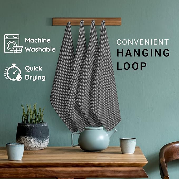 TWINY Threads Dotted Weave Kitchen Towels Set of 4, 18x28 Inch, Soft & Absorbent Wash Cloths with Hanging Loop, Washable and Reusable Dishcloths for Cooking, Cleaning, Hand Towel - Grey
