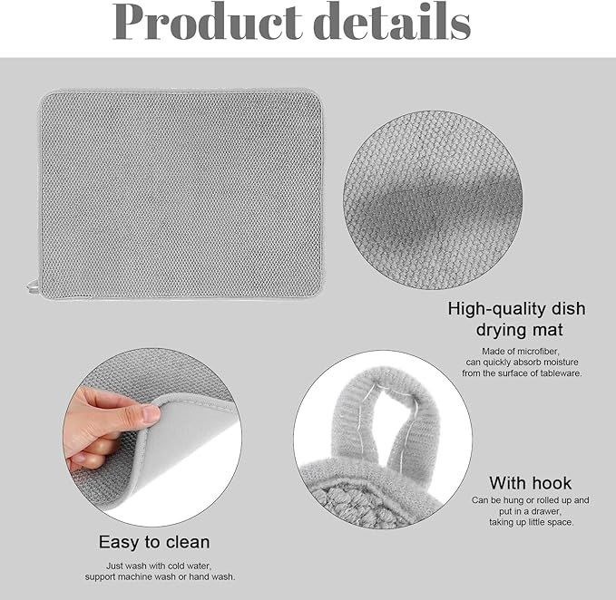 Microfiber Small Dish Drying Mat, 11.8x15.7 Inch Absorbent Dish Drainer Kitchen Counter Protector Gray Dishes Pad for Sinks Countertops Draining Racks