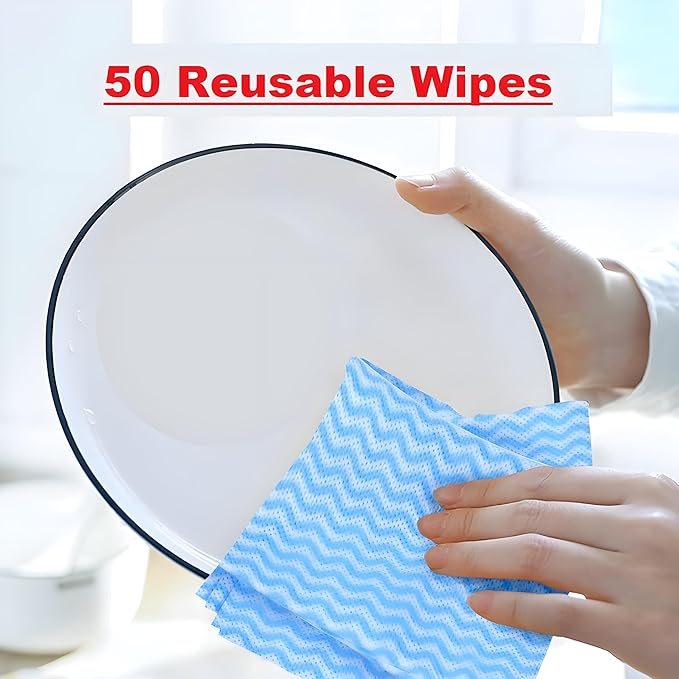 Bexter Disposable Cleaning Towels & Dish Cloths (50 Count) – Reusable Blue Handy Cleaning Wipes for Kitchen, Dishes, Counters & Home Cleaning