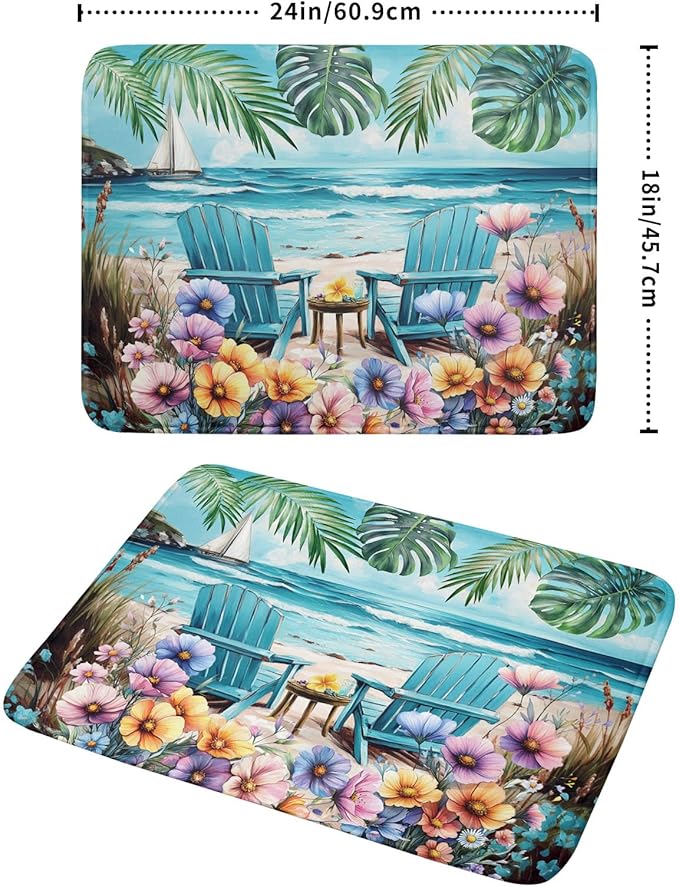 Spring Summer Sea Chair Dish Drying Mat for Kitchen Counter,Coastal Beach Palm Leaf Flowers Drying Mat 18 x 24 Inch with Absorbent Reversible Microfiber Drying Pad for Coffee Bar