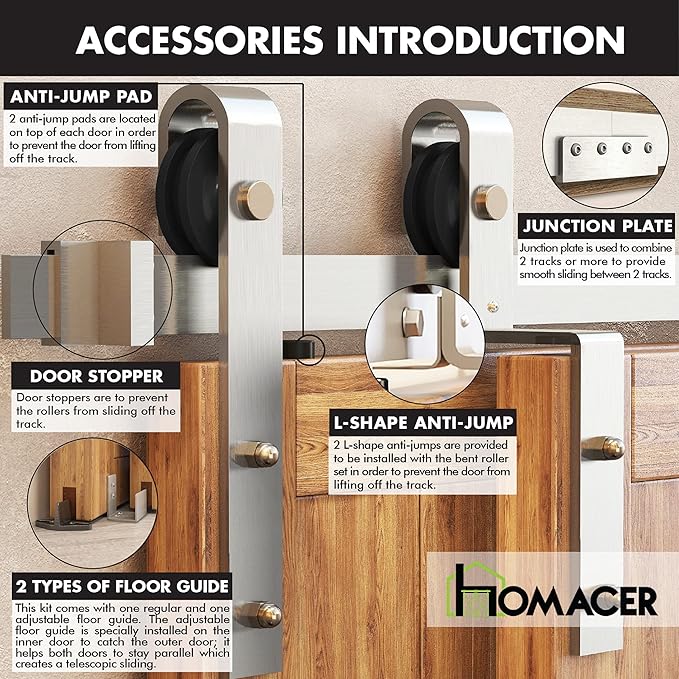Homacer Brushed Nickel Single Track Bypass Sliding Barn Door Hardware Kit, for Four Doors, 14ft Long Flat Track, Classic Design Roller, (2 Flat+ 2 Bent Roller Set)