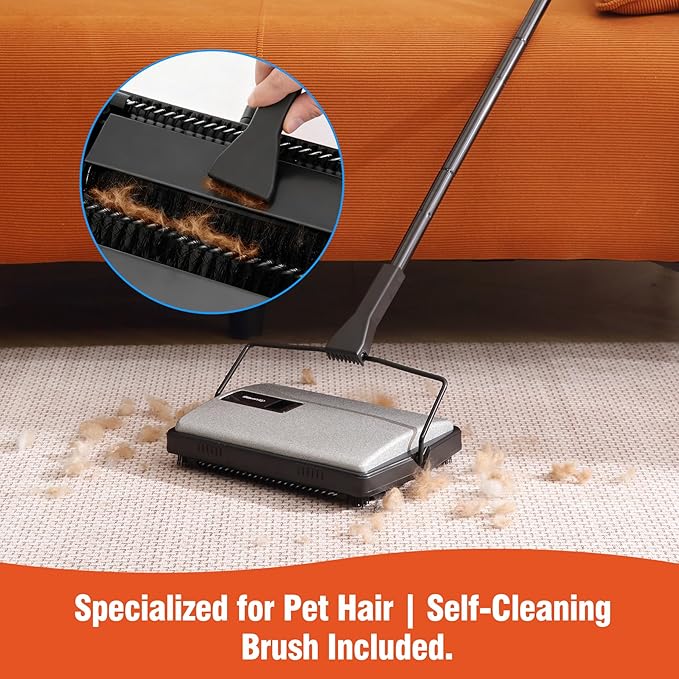 Carpet Sweeper Manual Cordless - Non-Electric Push Sweeper for Pet Hair & Debris on Carpets & Rugs, Includes Cleaning Tool & Extra Replacement Roller