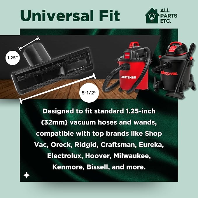 Universal Upholstery Vacuum Attachment - Compatible with 1.25” Vacuum Hoses & Shop Vac, Bissell, Nutone, Eureka, Beam, Central Vacuums & More