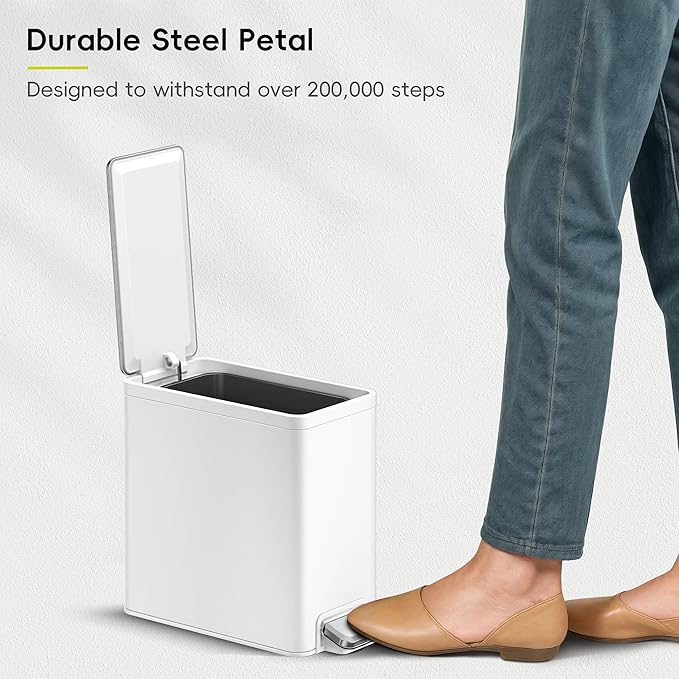 EKO Slim Small Bathroom Trash Can with Lid, Stainless Steel Small Garbage Can with Removable Inner Bucket, 6L / 1.6 Gal, Step On Trash Bin (White)