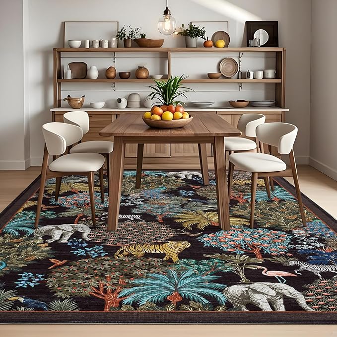GarveeHome Jungle Animal Print Rug 6x9 Washable Area Rugs for Living Room, Forest Rug Non Slip Low Pile Stain Resistance Large Throw Carpet for Bedroom Dining Room Kids Playroom Nursery, Black