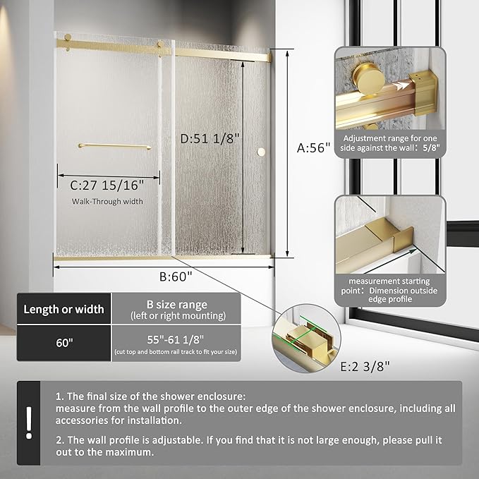 Bathtub Sliding Door 60" W x 56" H, Tub Shower Door, Frameless Bypass Double Sliding Door Tempered Rain Glass with Explosion-Proof Film Brushed Gold
