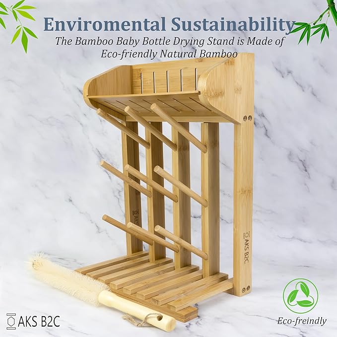 Bamboo Baby Bottle Drying Rack, Vertical Space Saving Kitchen Organizer, 9 Bottle Capacity, Countertop Storage Holder and Bottle Dryer with Draining Base (Comes with a Free Cleaning Brush)