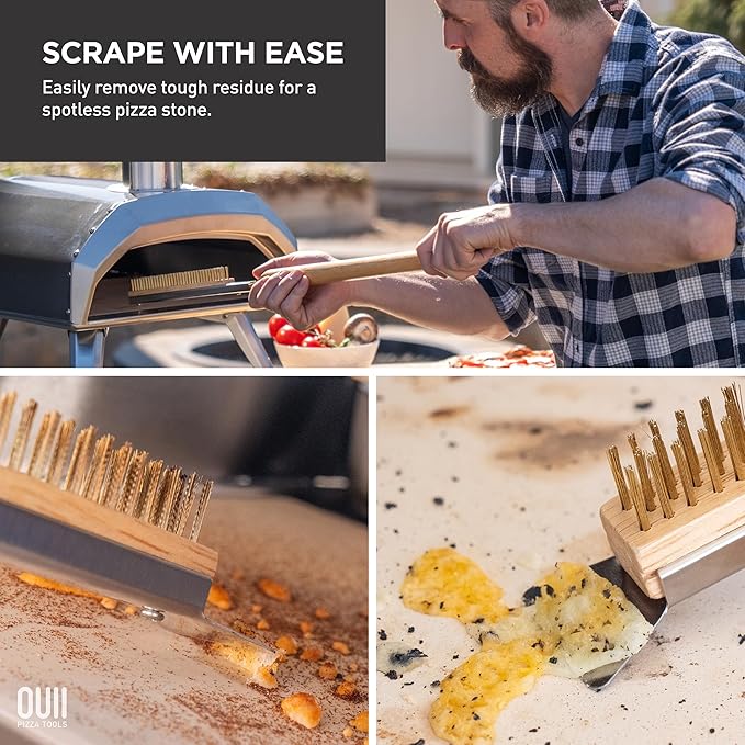 26'' Pizza Oven Brush with Stone Scraper - Includes 2 Brush Heads, Heat-Resistant Gold Stainless Steel Bristles - Long Grip Handle, Compatible with Ooni, Gozney, Blackstone, Solo Stove Ovens