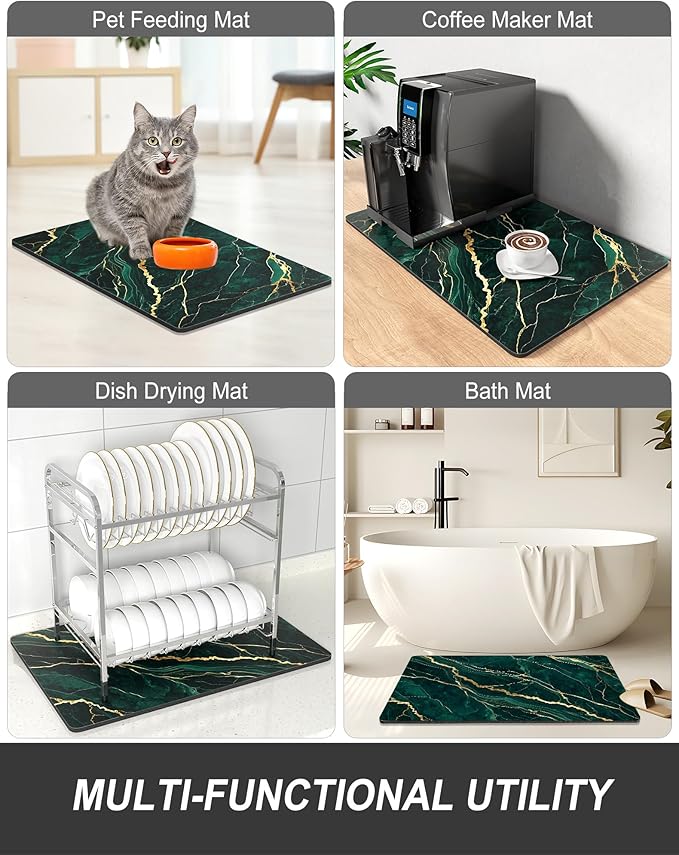 Rnivvi Dish Drying Mat for Kitchen Counter, XL 15 x 24" Cute Marble Absorbent Draining Pad, Non-Slip Heat Resistant Coffee Bar Mats for Coffee Machine Station Accessories, Green Gold Dish Rack Pad