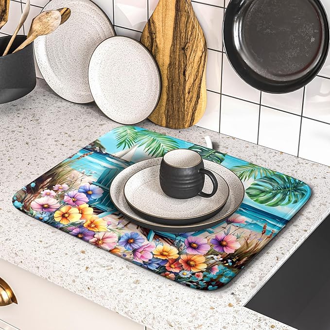 Spring Summer Sea Chair Dish Drying Mat for Kitchen Counter,Coastal Beach Palm Leaf Flowers Drying Mat 16 x 18 Inch with Absorbent Reversible Microfiber Drying Pad for Coffee Bar