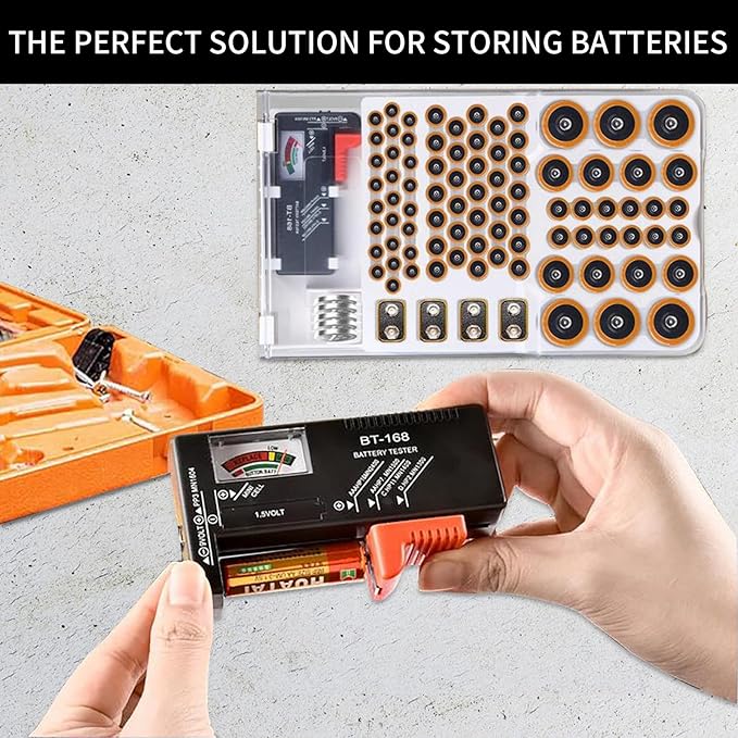 Battery Organizer Storage Box with Tester, Clear Lid Battery Organizer Storage Case, Holder Battery Carrying Case（Batteries are Not Included）