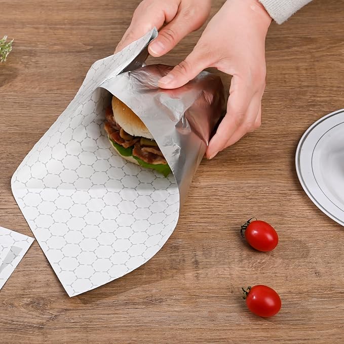 50 Pack Premium Insulated Foil Sandwich Wrap Sheets, 12"x12" Pre-Cut Foil Paper for Hot Dogs, Burgers, Burritos, Food Wrapping, Grease-Resistant and Waterproof, Heat & Cold Insulation for Freshness