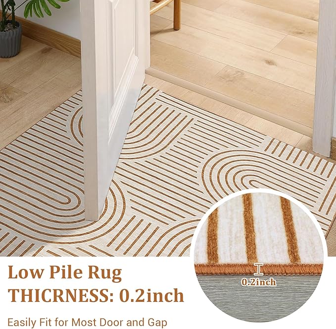 Washable Rug 4ft Area Rugs for Living Room, Abstract Rug for Bedroom, Soft Rainbow Non Slip Throw Rugs with Rubber Back, Low Pile Stain Resistant Boho Geometric Carpet for Dining Room,Orange