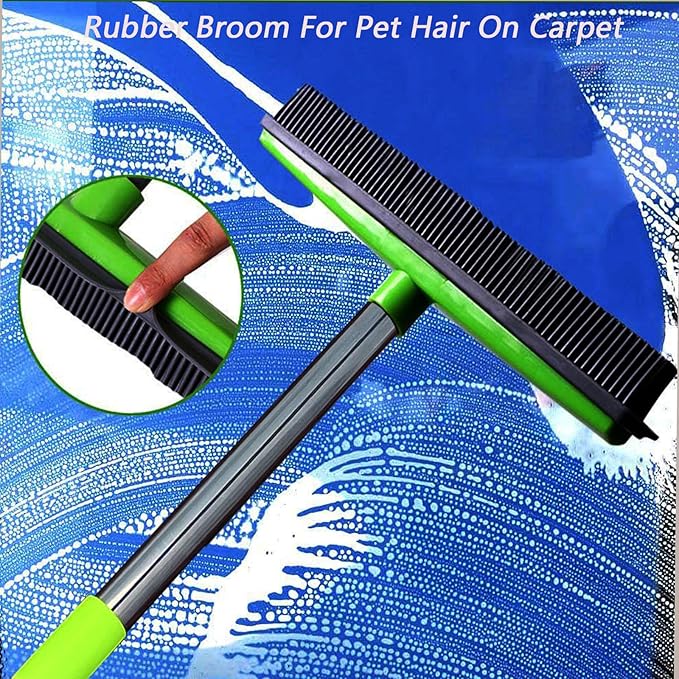 Pet Hair Rubber Broom, Rubber Broom for Pet Hair On Carpet, Pets Hairs Removal Broom with 49" Adjustable Handle, Soft Push Broom with Squeegee for Carpet, Hardwood Floor, Tile (C)