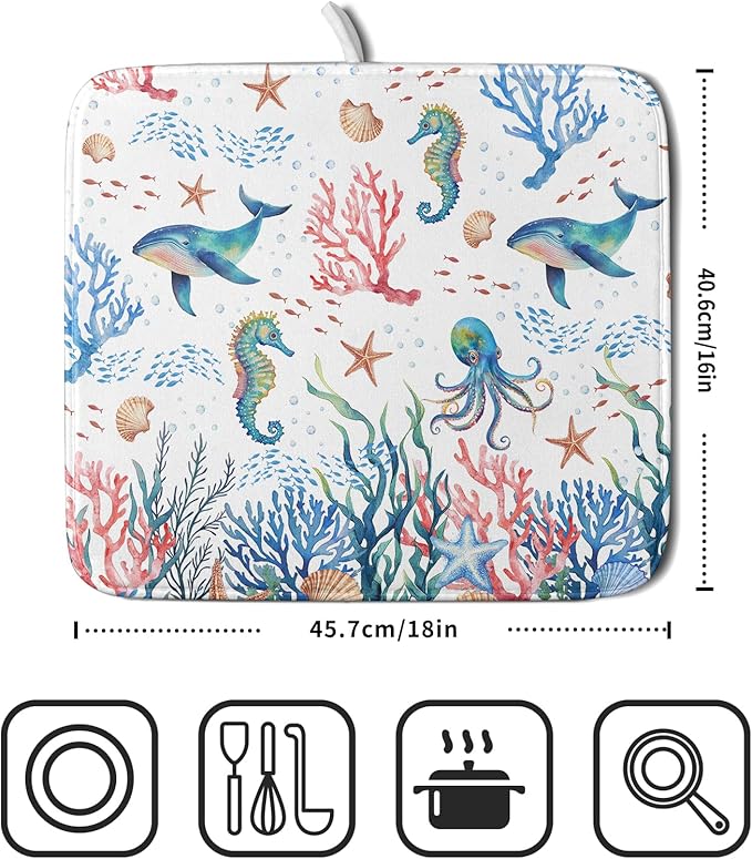 Giwawa Coastal Ocean Dish Drying Mat Seahorse Whales Drainer Rack Mats 16"x18" Absorbent Microfiber Dish Drying Pad Protector for Kitchen Counter