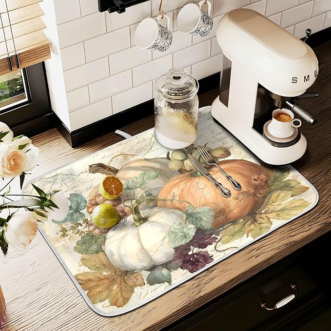 Autumn Pumpkin Fall Leaves Thanksgiving Dish Drying Mat for Kitchen Counter Absorbent Microfiber Large Drying Pad Dish mats for Kitchen Countertops 18 x 24 Inch