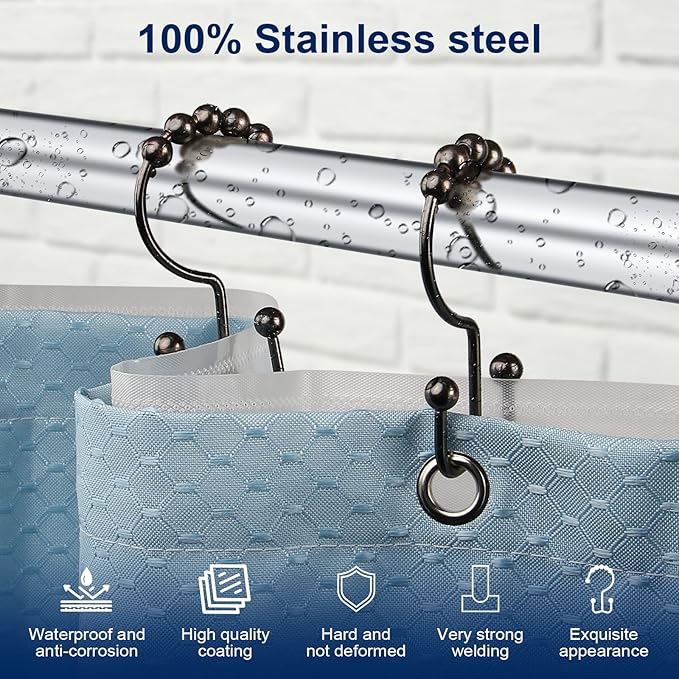 Shower Curtain Hooks,Sturdy Stainless Steel Double Sided Shower Hooks Rings for Bathroom Shower Curtain Rods Curtains Set of 12 Hooks - Bronze
