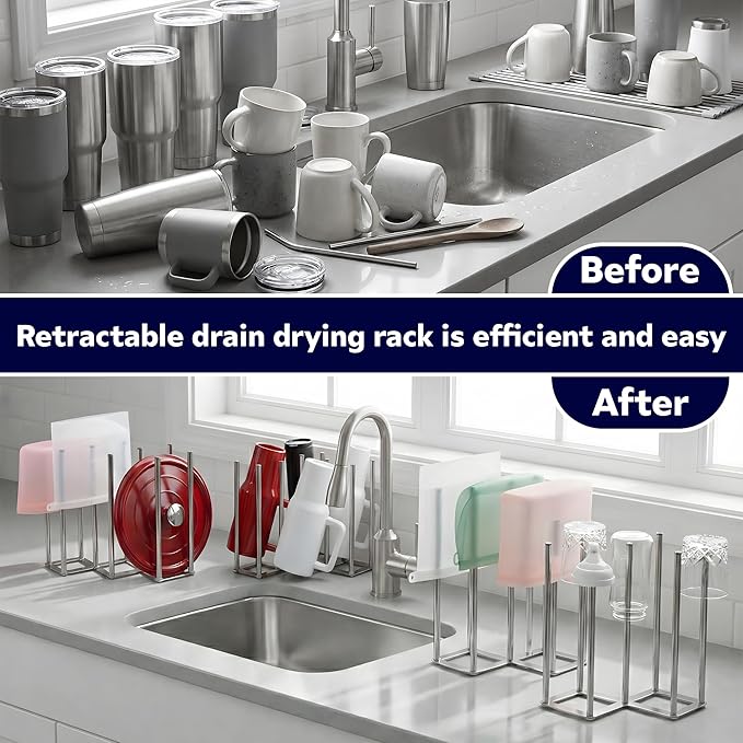 Water Bottle Drying Rack, Cup Drying Rack for Counter, Stainless Steel Tumbler Dryer Stand, Space-Saving Mug & Glass Drying Rack, Heavy-Duty Holder for Cups & Water Bottles (Silver – 10 Pegs)