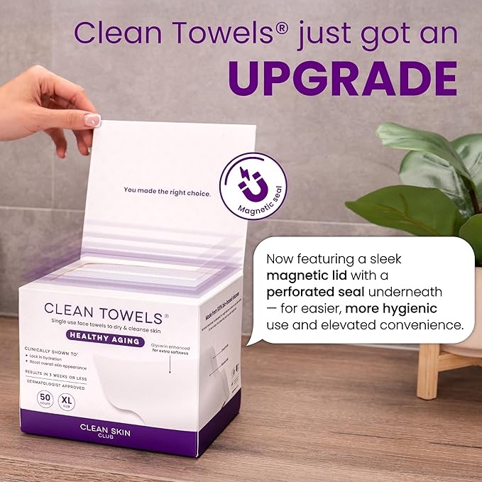 Clean Skin Club Healthy Aging Clean Towels® XL, Smooths Fine Lines Wrinkles & Texture in 6 weeks, Treated for Extra Softness, Disposable Face Towels, Anti Aging Makeup Remover Dry Wipe, 50 count