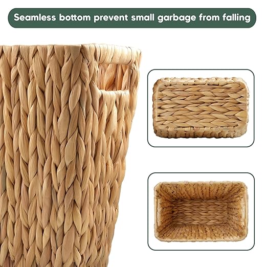 3 Gallon Wicker Trash Can, Woven Water Hyacinth Wicker Waste Basket for Bathroom, Small Trash Can for Bedroom, Rectangular Garbage Can for Boho Decor Bedroom Bathroom