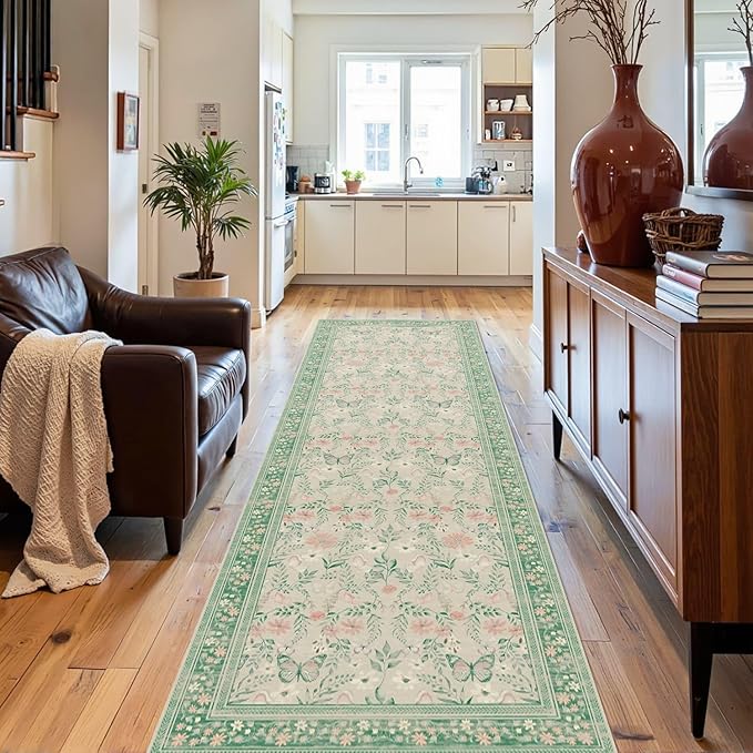 2x6 Floral Runner Rug, Washable Runners for Hallways, Green Vintage Boho Kitchen Rugs, Non Slip Hallway Runner Carpet for Indoor Hallway, Kitchen, Laundry Room and Bathroom