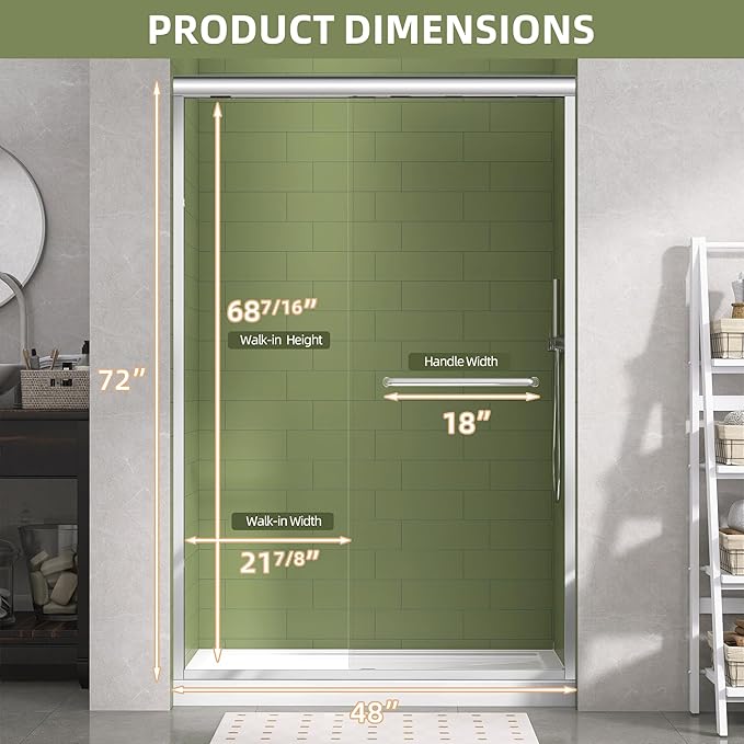 GETPRO Sliding Shower Door 44-48 in. W x 72 in. H Semi-Frameless Bypasss Double Sliding Glass Shower Doors,1/4 inch Clear Tempered Glass Door for Walk-in Shower Chrome