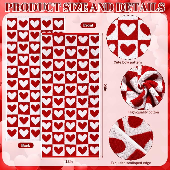 Frienda 4 Pcs Valentine's Day Hand Towels for Bathroom 13 x 29'' Soft 100% Cotton Red and White Hearts Decorative Towel Absorbent Valentine‘s Day Bathroom Decor for Drying Cleaning Cooking Gift