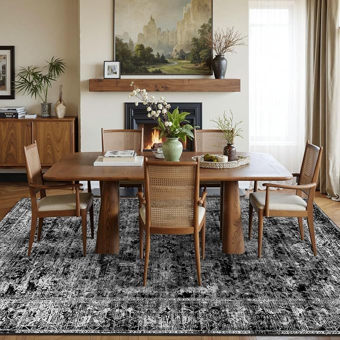 Area Rugs 5x7, Washable Black Rugs for Living Room, Bedroom, Vintage Boho Indoor Soft Carpet for Dining Room, Low Pile Rugs for Office, Farmhouse