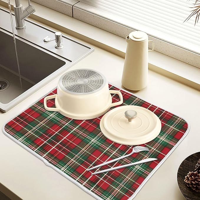 Christmas Red Green Buffalo Checkered Dish Drying Mat for Kitchen Counter Absorbent Microfiber Small Drying Pad Dish Mats for Kitchen Countertops 16 x 18 Inch
