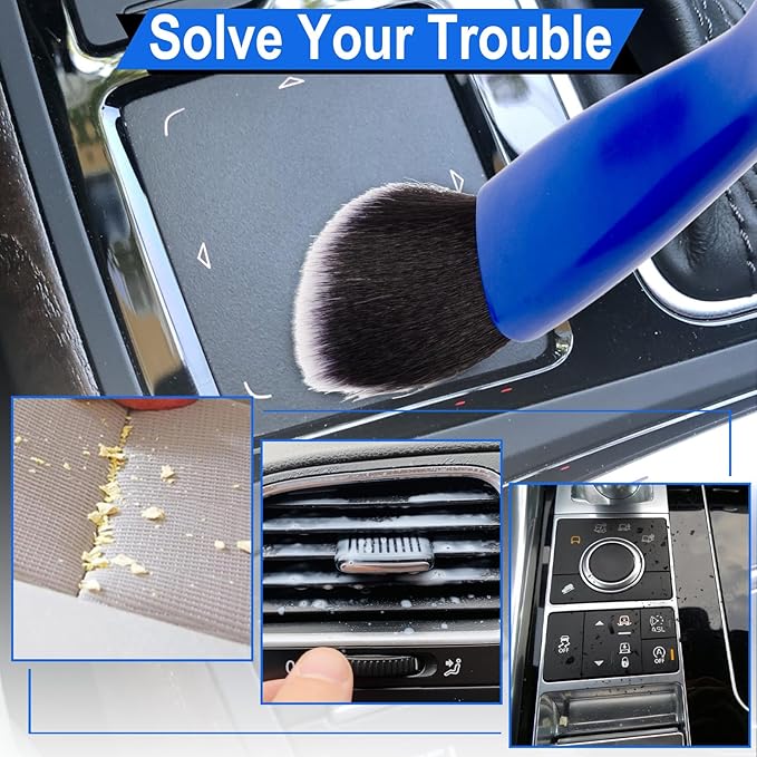 Double Head Brush for Car Clean, 2 in 1 Car Detailing Brush, Double Ended Portable Dust Brush with 2 Cleaning Cloth, Universal Dust Removal Brush for Air Conditioner Outlets, Dashboard Screen (Blue)