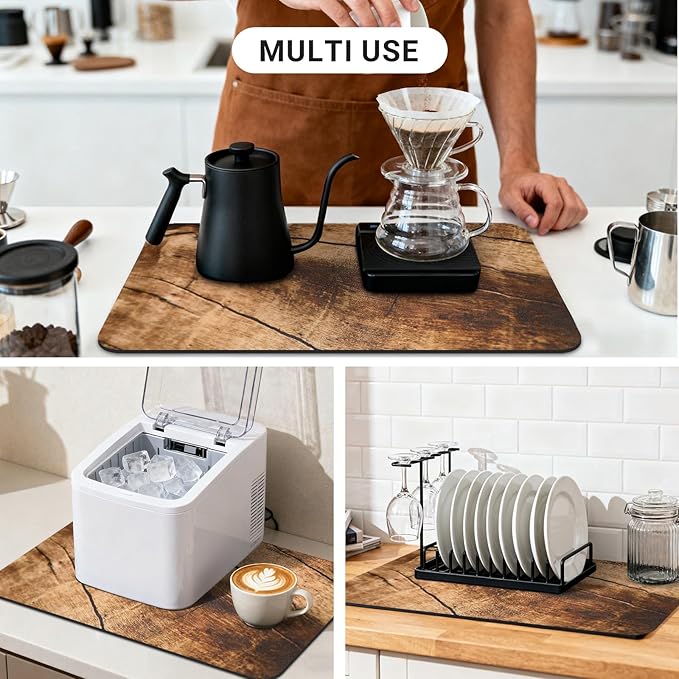 Coffee Mat 20x12 Inch, Wood Grain Cracks Design, Absorbent Hide Stain Rubber Backed Dish Drying Mat for Kitchen Counter, Bar Mats for Countertops, Under Coffee Bar Maker Machine Pot Espresso Machine