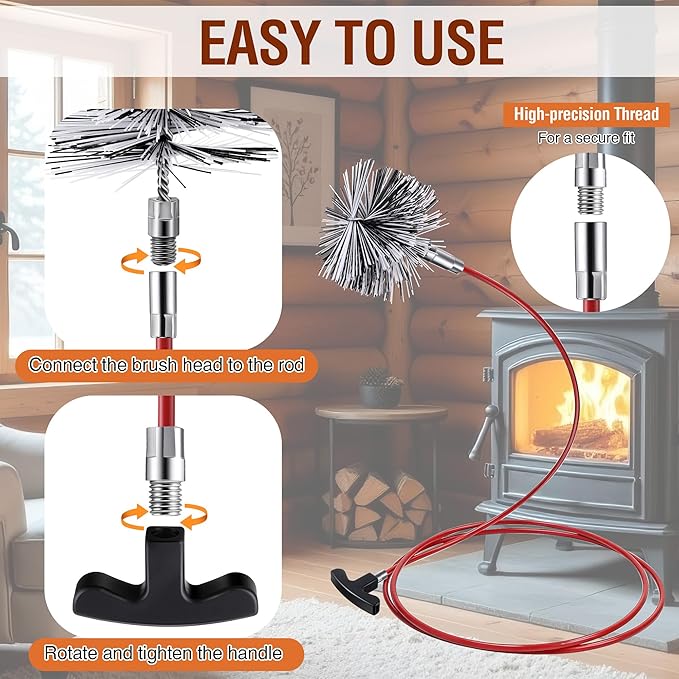 Feekoon Pellet Stove Cleaning Kit, 10 FT Flexible Steel Rod with 4" Brush Head, Flue Detail Cleaner, Pellet Stove Accessories for Vent Pipes Cleaning - Reduce Buildup & Improve Airflow