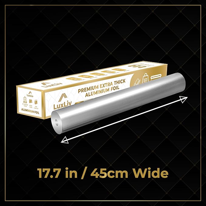 Extra Wide Aluminum Foil Roll Heavy Duty – 18in x 131ft Length 20 Micron thick,193 sq ft – Commercial Grade & Extra Thick, for grilling home cooking Food Service Industry LuxLiv®