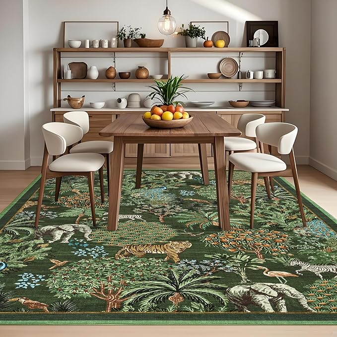 GarveeHome Jungle Rug 10x13 Washable Area Rugs for Living Room, Dark Green Animal Print Rug Non Slip Low Pile Forest Stain Resistance Large Throw Carpet for Kids Bedroom Nursery Playroom Dining Room