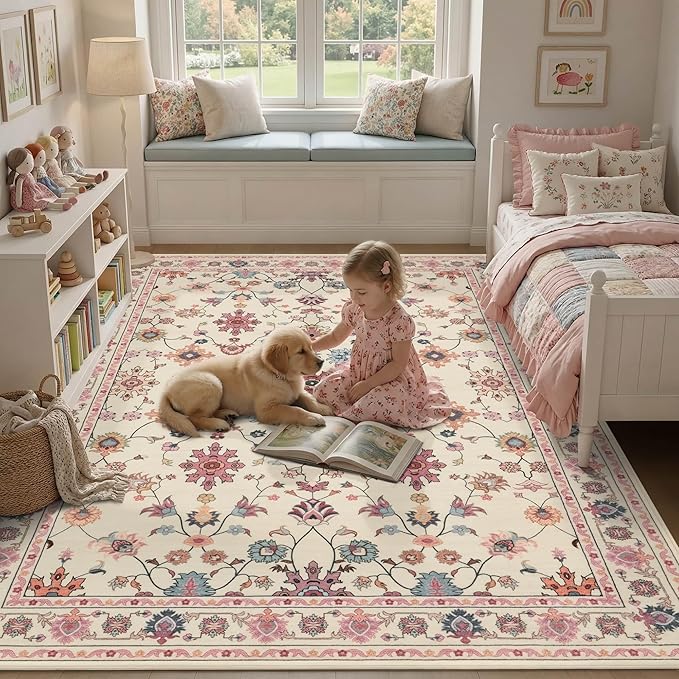 Pink Rug for Living Room Bedroom, Floral 5x7 Washable Rug,Vintage Boho Area Rug, Large Non Slip Flower Carpet for Indoor Dining Room,Girls Room,Nursery Room and Kids Room(Blush Pink 5x7ft)