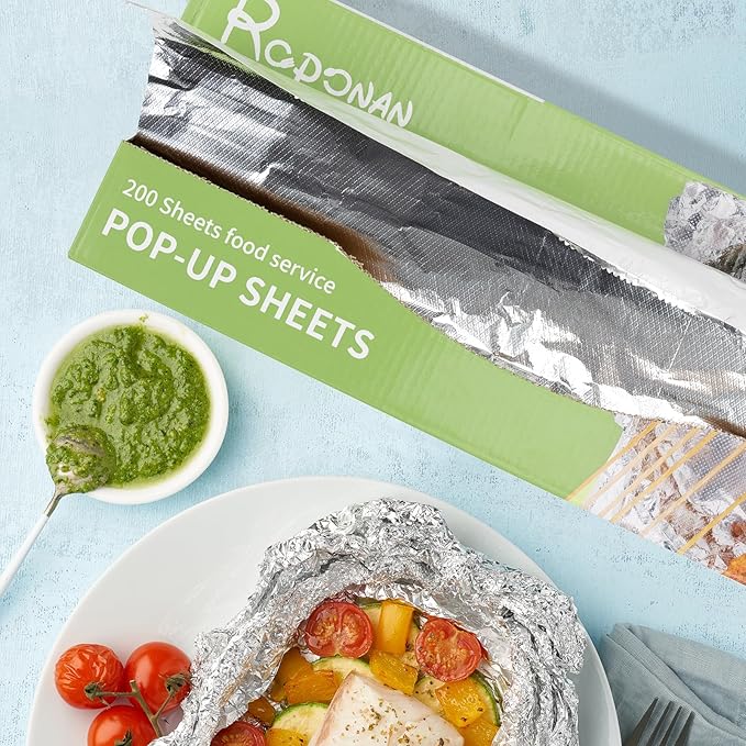 Aluminum Foil - 200 Precut Sheets, 16.5 x 12 Inch, Pop-Up Interfolded, Ideal for Roasting, Baking, Grilling, Cooking, Storing Food