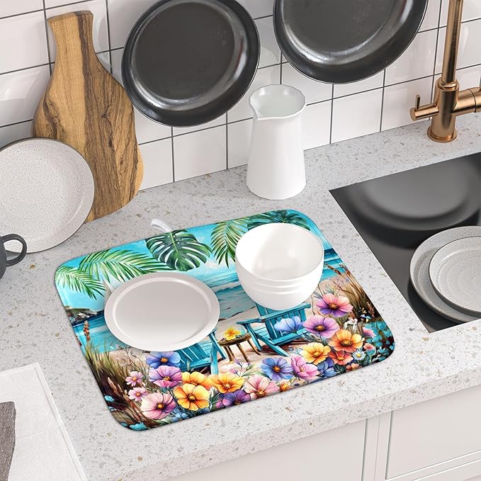 Spring Summer Sea Chair Dish Drying Mat for Kitchen Counter,Coastal Beach Palm Leaf Flowers Drying Mat 16 x 18 Inch with Absorbent Reversible Microfiber Drying Pad for Coffee Bar