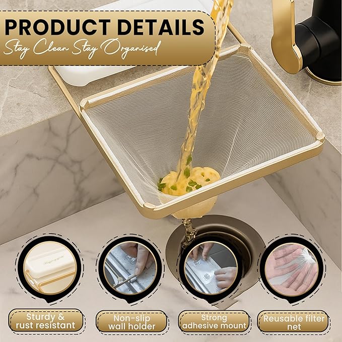 Kitchen Sink Hanging Strainer with 100 Sink Strainer Net Bag, Stainless Steel Corner Sink Basket Holder Mesh Sink Strainers for Kitchen Sink Food Catcher, Sink Trash Catcher for Garbage Leftovers