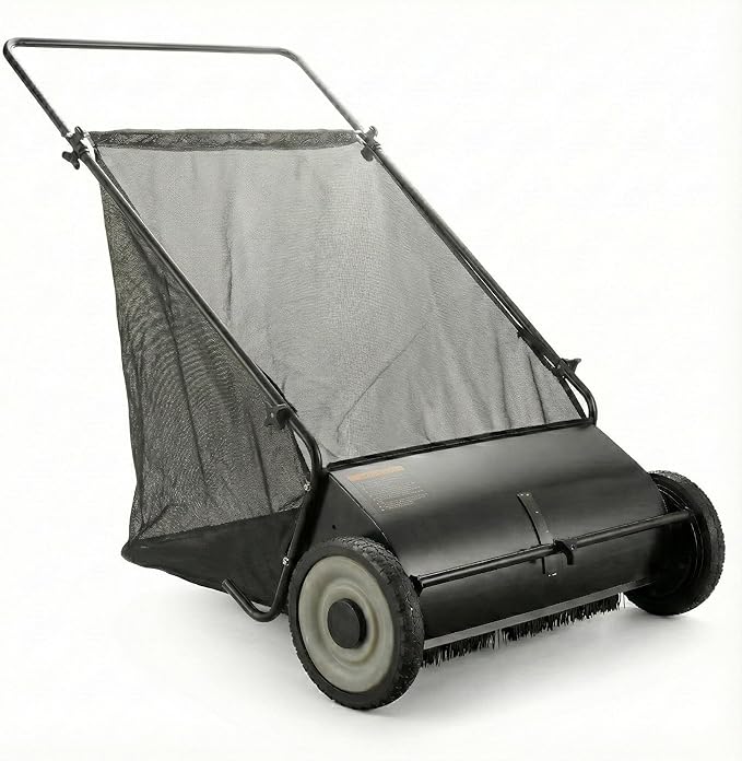 Lawn Push Sweeper, 26" Sweeping Width Floor Sweeper, 7 Cu. Ft. Hopper Capacity, 4 Spinning Brushes, Angle & Height Adjustable Folding Handle for for Leaves and Grass, Yard, Garage, Patio (26“)