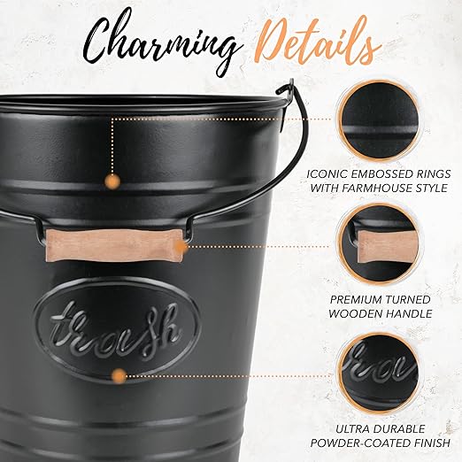 Autumn Alley Farmhouse Bathroom Trash Can - Decorative Rustic Black Trash Can Bucket with Wooden Handle for Bathroom, Bedroom, Office, Kitchen, Western Country Home Décor, 2 Gal., Matte Black