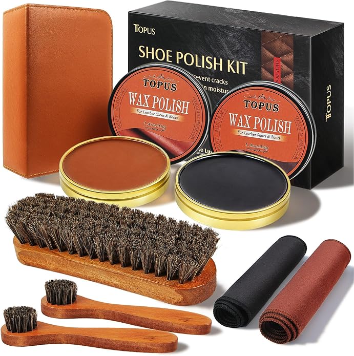 Topus 8 Pieces Shoe Polish Kit, Includes 2Pcs 1.4Oz Brown Shoe Wax, 3 Pieces Horsehair Boots Brushes, 2Pcs Shine Cloths