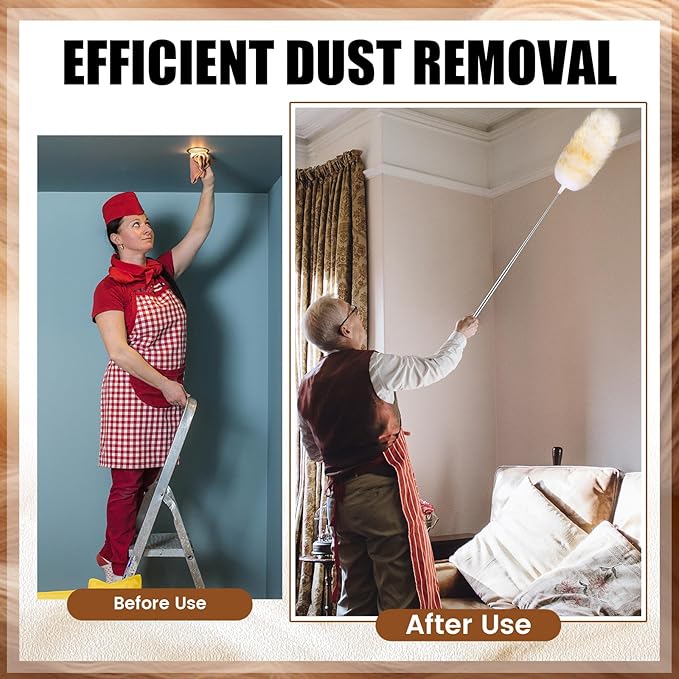 Remerry Lambswool Cleaning Duster Extendable Feather Duster 30-96 Inch with Stainless Steel Handle Removable Head Multi Surface Cleaning Tool for Ceiling Fan Window Furniture Bookshelf Home Office