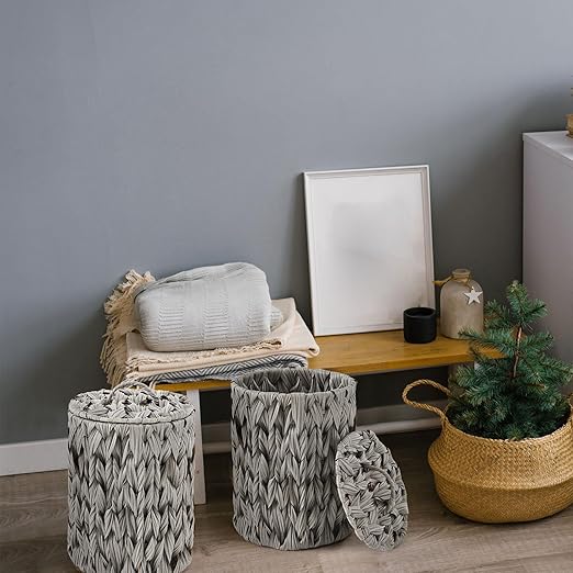 Ctosree 1.3 Gallons Small Trash Can with Lid Handle Boho Woven Braided Bathroom Waste Basket Trash Can with 100 Garbage Bags for Bedroom Office Laundry(Grey,Braided Polypropylene,Round)
