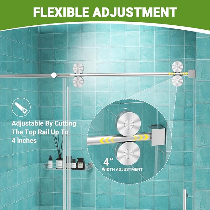 Frameless Sliding Shower Door 56–60 in W x 76 in H, 8mm Clear Tempered Glass Shower Doors Glass Sliding 60 Inches, Double Nano Coating, Stainless Steel Hardware, Silent Smooth Rollers, Brushed Nickel