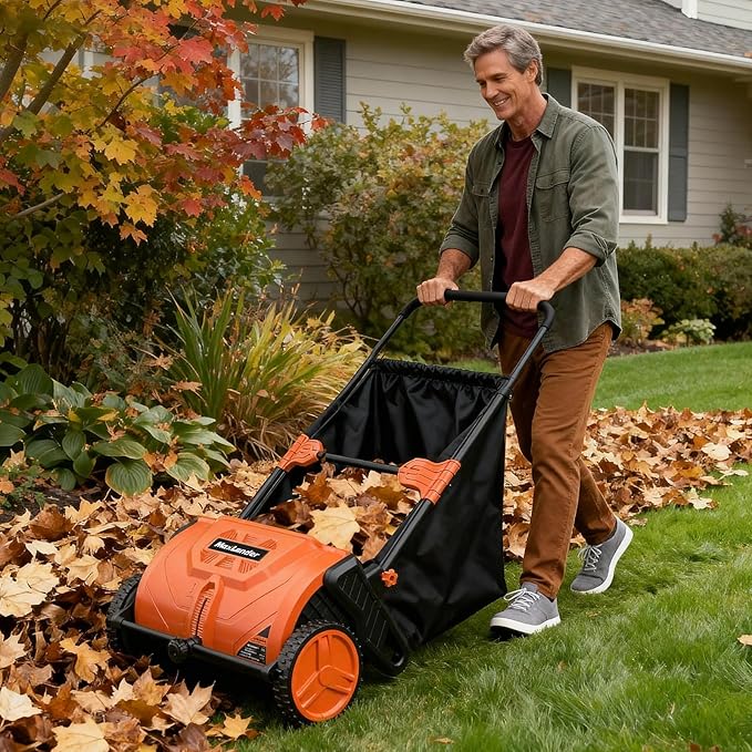 Manual Push Lawn Sweeper, 21-Inch Wide Coverage, Adjustable Height Design with 3.5 Cu. Ft. Collection Hopper for Leaves, Grass Clippings and Yard Debris