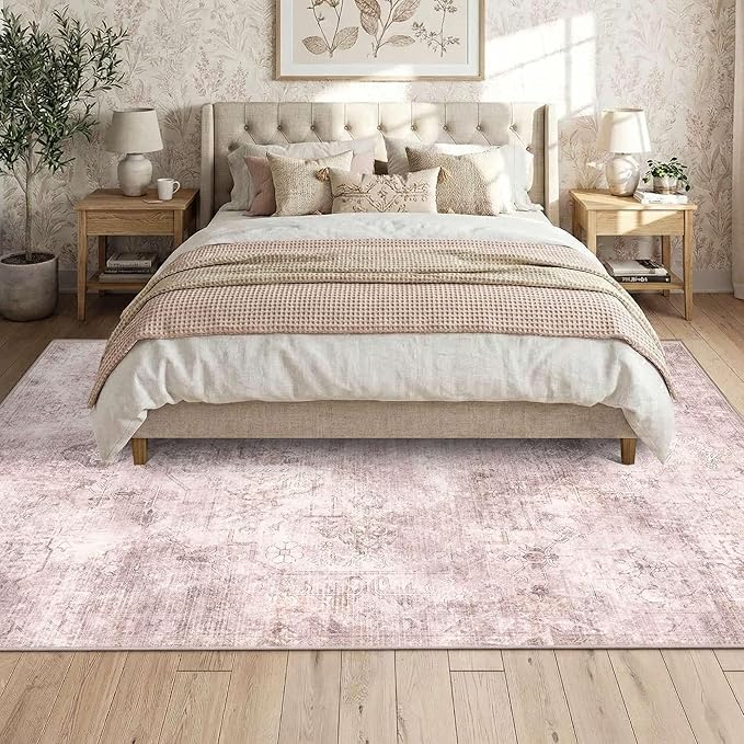 Vintage 5x7 Pink Rug, Washable Area Rugs For Living Room,Girls Bedroom,Dining Room,Kitchen, Distressed Boho Indoor Soft Rug For Dorm Classroom Kids Nursery,Non Slip Low Pile Carpets For Office